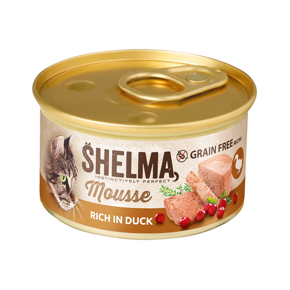 Shelma Cat Mousse kačacie, brusnice, tymián GF, konzerva 85 g