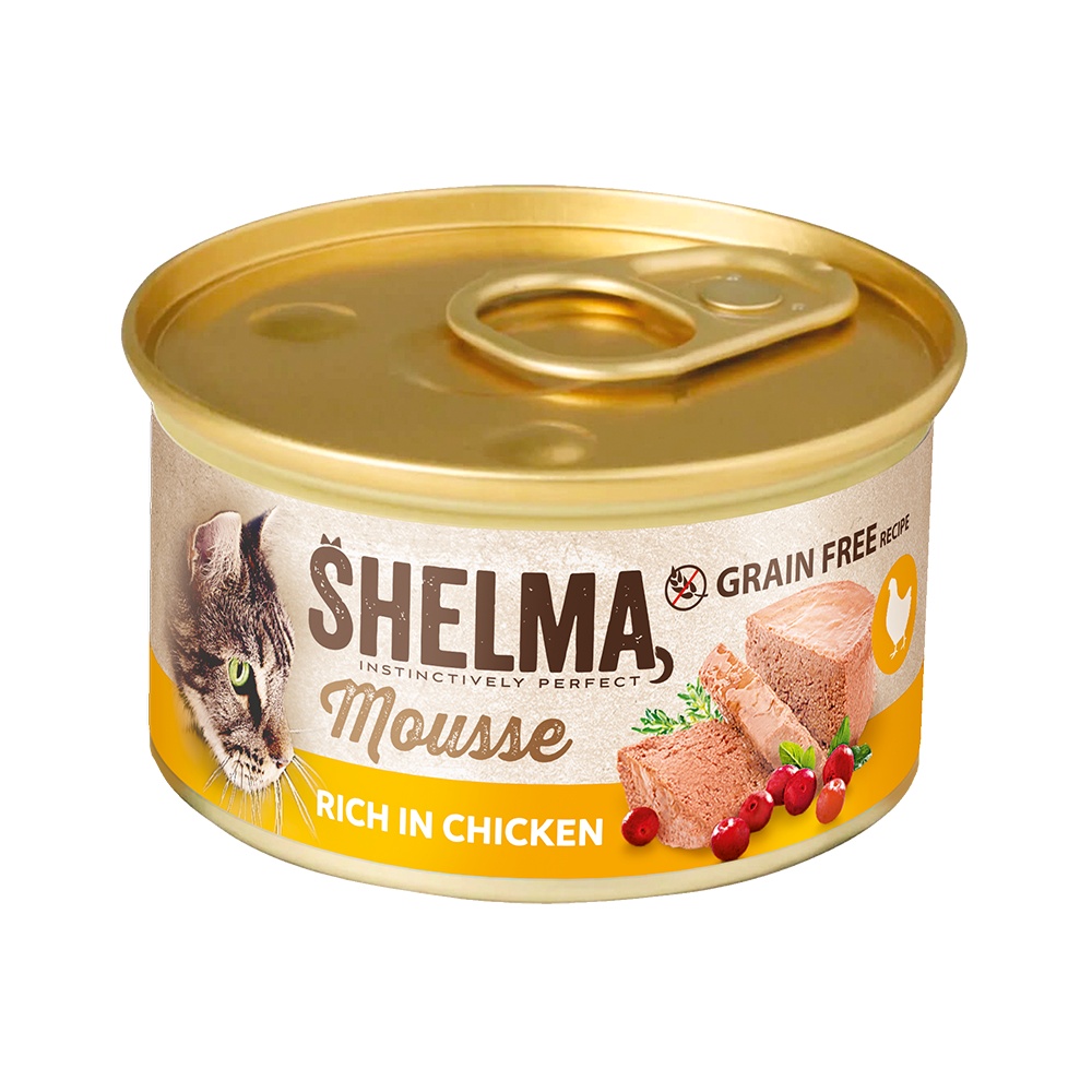 Shelma Cat Mousse kuracie, brusnice, tymián GF, konzerva 85 g