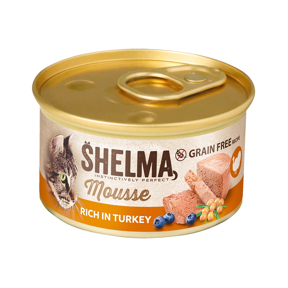 Shelma Cat Mousse morčacie, čučoriedky, rakytník GF, konzerva 85 g
