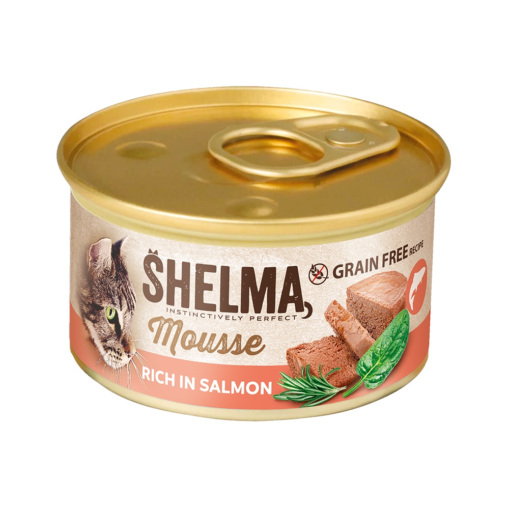 Shelma Cat Mousse losos, špenát, rozmarín GF, konzerva 85 g