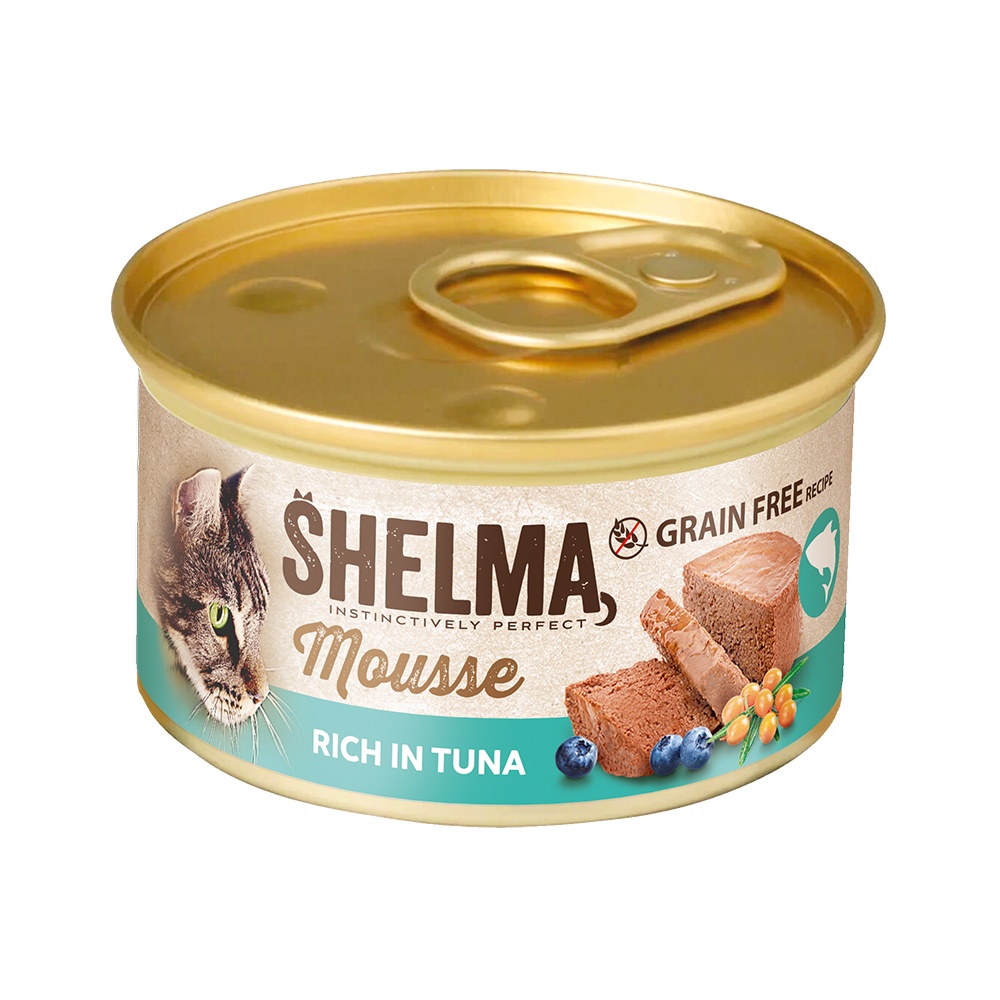 Shelma Cat Mousse tuniak, čučoriedky, rakytník GF, konzerva 85 g