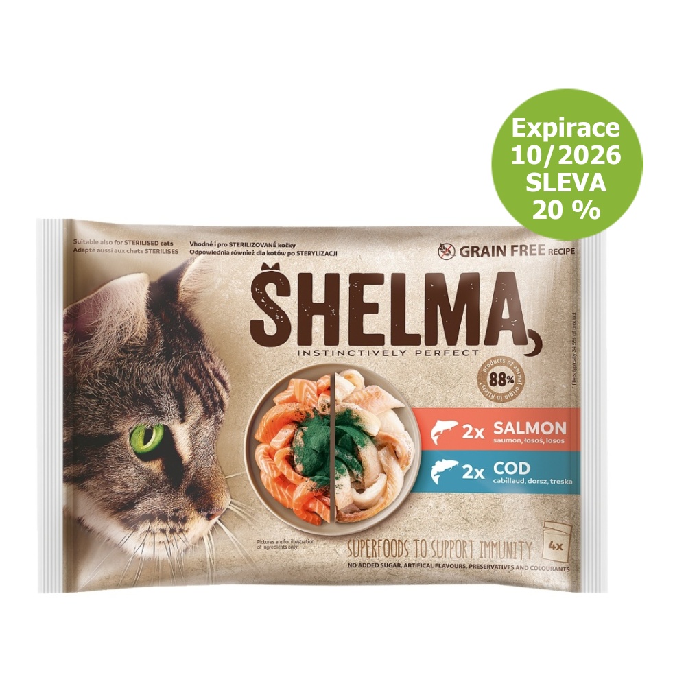 SHELMA Cat losos a treska, vrecko 85 g (4 pack)