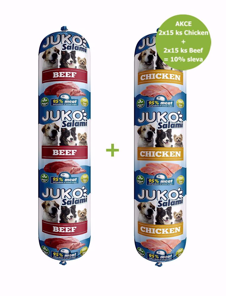 JUKO Salami Chicken (kuracie), 2 x15 ks+ Beef (hovädzie) 2 x15 ks - ZĽAVA 10%