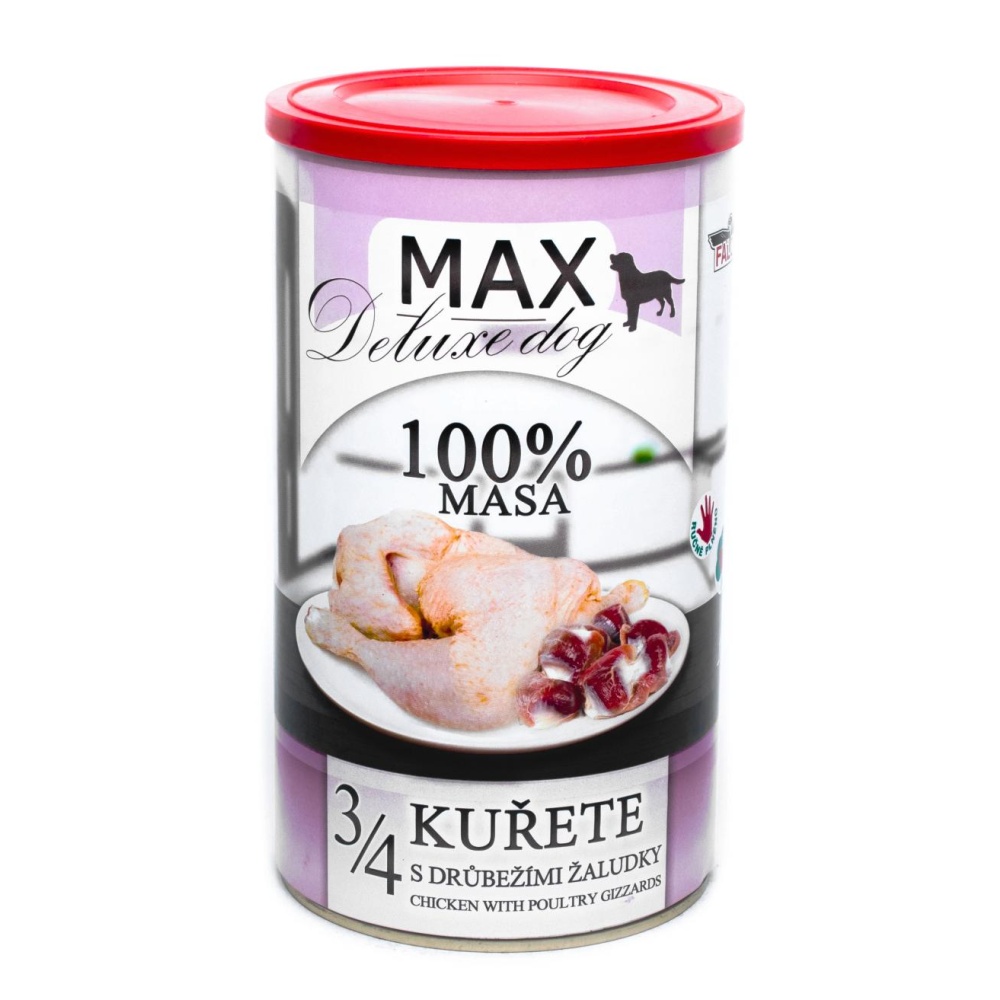 MAX Deluxe Dog 3/4 kurčaťa s hydinovými žalúdkami, konzerva 1200 g - 8 ks