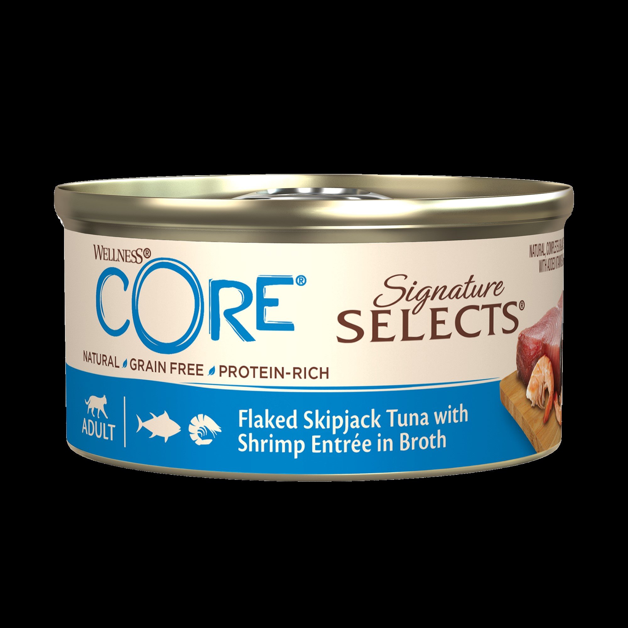 Wellness CORE Signature Selects Flaked Skipjack Tuna with Shrimp Entrée in Broth 79g - 24 ks