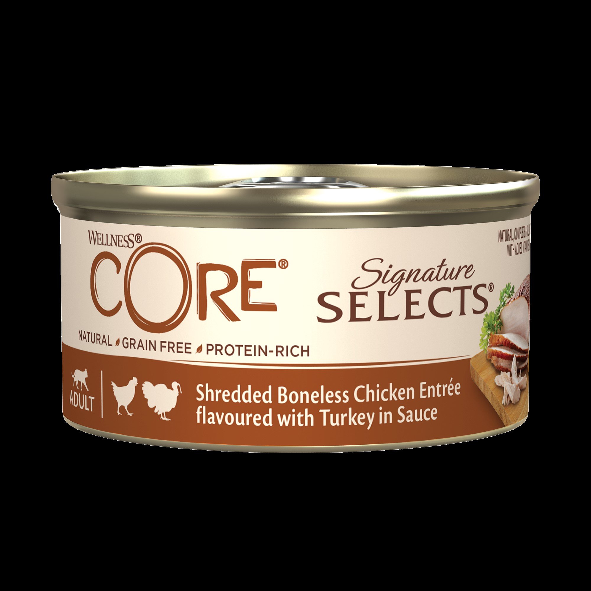 Konzerva Wellness Core Cat Selects Shredded kura s morkou v omáčke 79g
 - 24 ks
