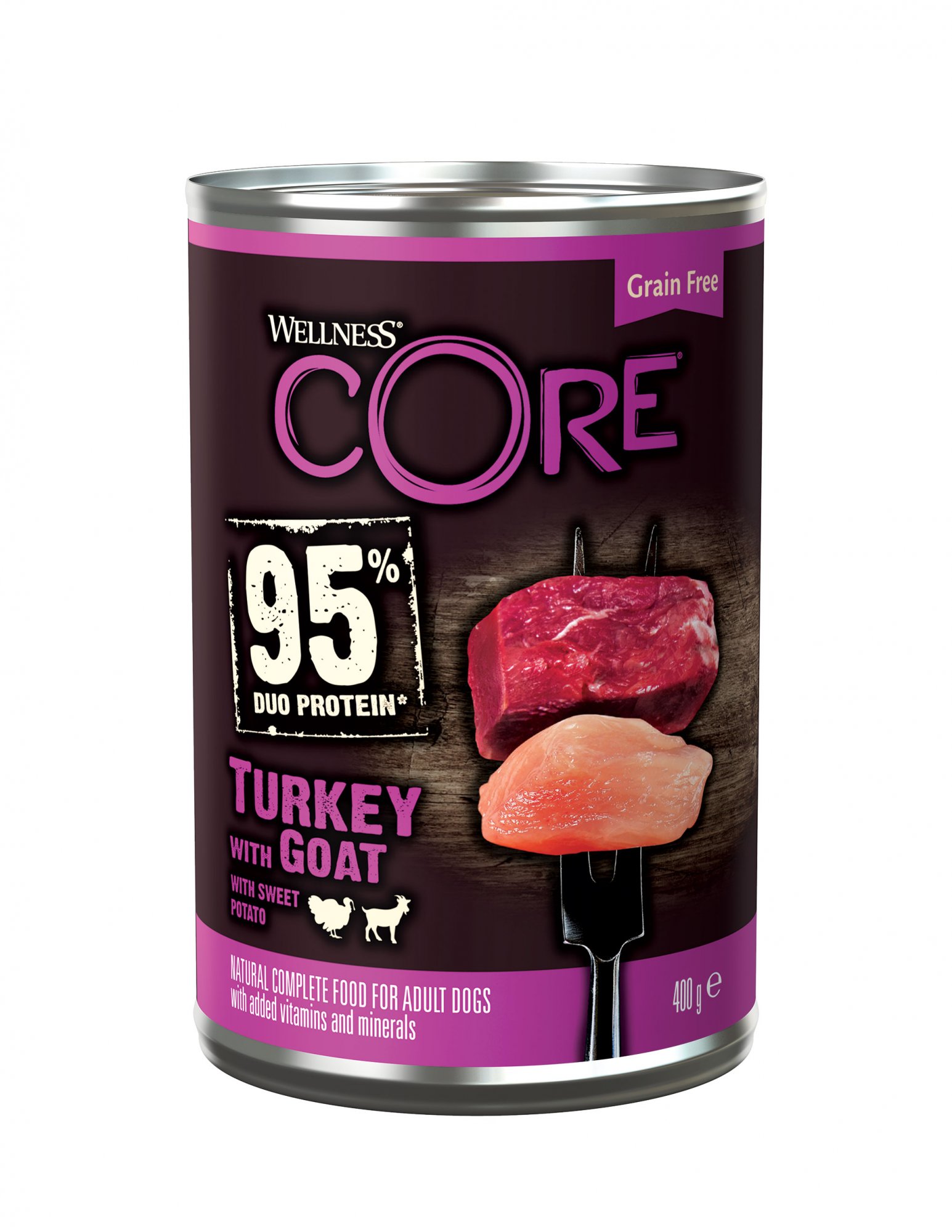 Konzerva Wellness Core Dog 95% Proteín Adult morka, koza a batáta 400g
