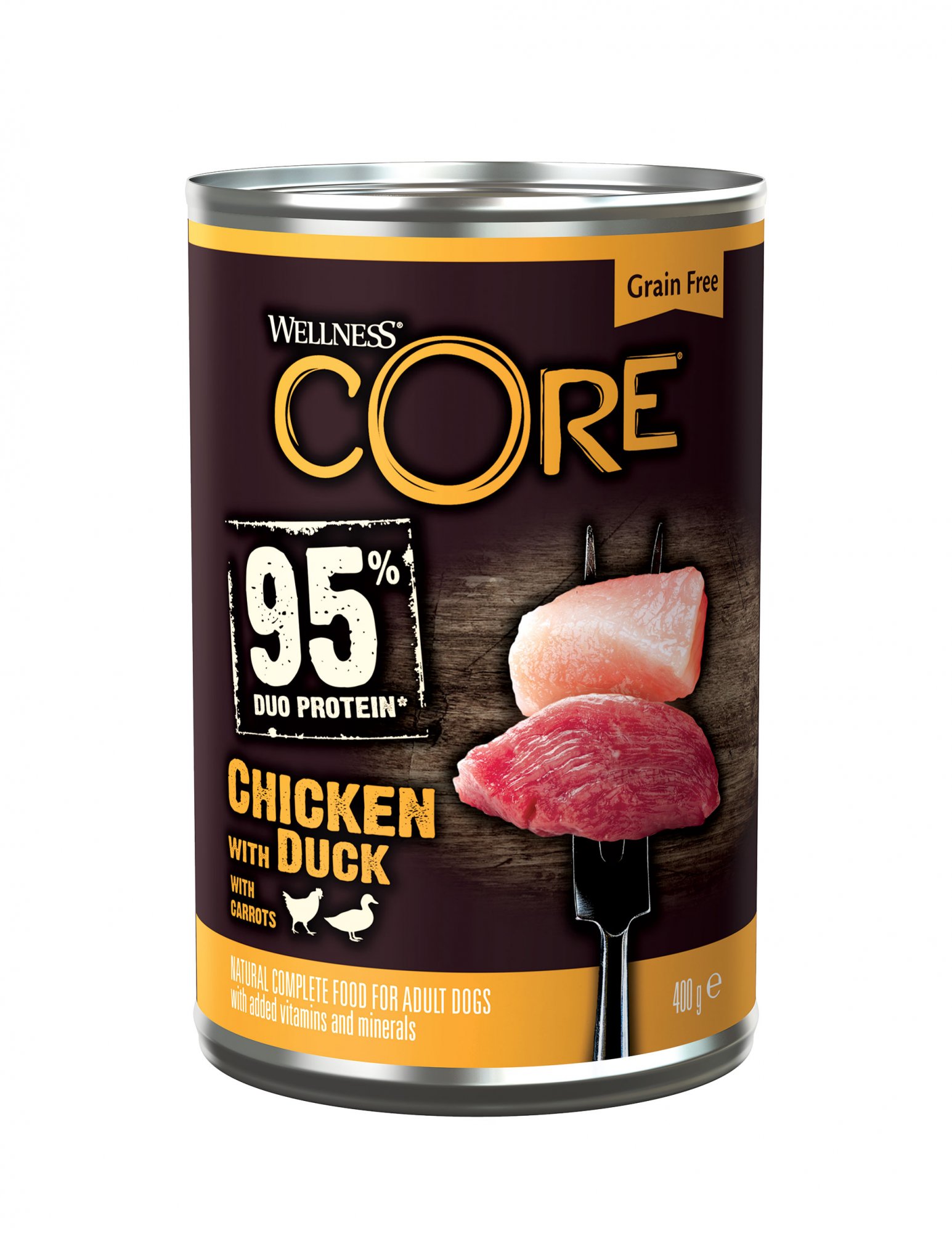 Konzerva Wellness Core Dog 95% Proteín Adult kura, kačica a mrkva 400g
